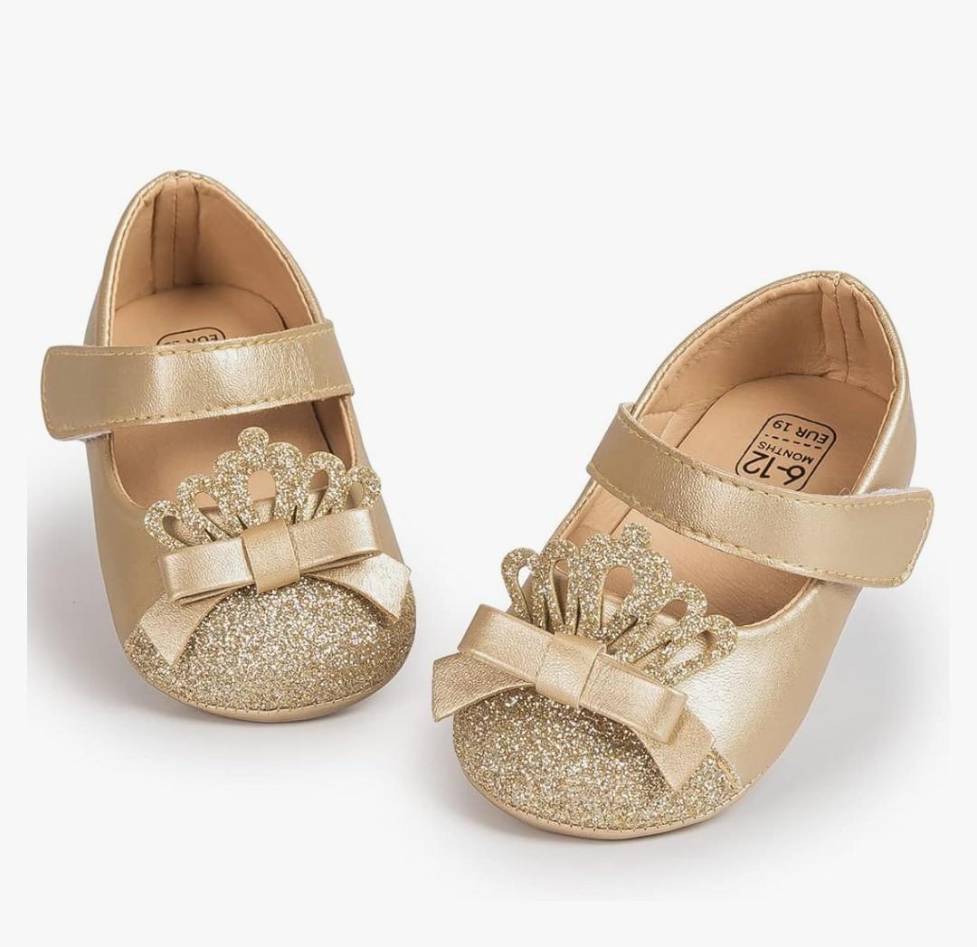 Sawimlgy Baby Girls Mary Jane Sequins Crown Flats PU Leather Wedding Party Princess Ballet Shoe Infant Rubber Sole Prewalker Toddler First Crib Shoes, 12-18 months