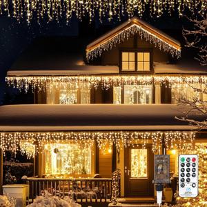 Icicle LED Christmas Lights Outdoor, 624 LED 59FT 8 Modes with 96 Drops Warm White Icicle Lights, Outdoor Indoor Fairy String Lights for Christmas Party, Holiday, Wedding Decorations