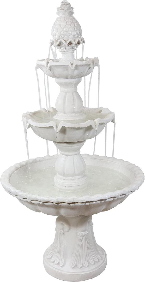 Sunnydaze 59" H Welcome 3-Tier Water Fountain - Large Electric Water Fountain with Pineapple Topper for Garden, Patio or Yard - White