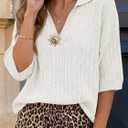 Saodimallsu Womens 3/4 Sleeve Sweater Polo V Neck Collared Loose Ribbed Knit 2026 Summer Trendy Casual Tops (White)