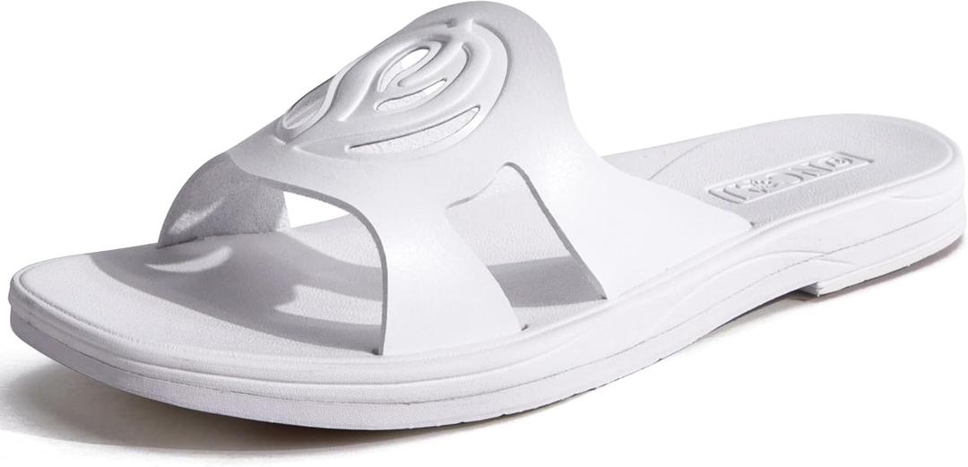 ONCAI Slides for Womens,Flat Dressy Square Toe Summer Beach Sandals for Woman with Comfortable Non-slip Rubber Soles Size 6-11 (10, Fashion White)