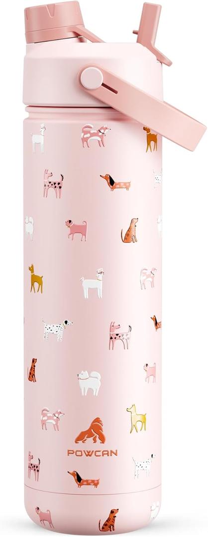 POWCAN 26 oz Insulated Water Bottle with 2-in-1 Straw and Spout Lid, Keep Cold 24H, Leak-Proof, Fits in Car Cup Holder, Stainless Steel Water Bottle for Gift, Home, Trip, Daily Outings (Furry Friends)