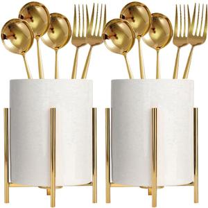 2pcs Sturdy Cutlery Holder White Ceramic With Metal Bracket Robust Silverware Caddy For Countertop - Spoon Holder Silverware Caddy