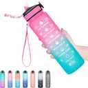 Hyeta 32 oz Water Bottles with Times to Drink and Straw, Motivational Water Bottle with Time Marker, Leakproof, Drinking Sports Water Bottle for Fitness, Gym and Outdoor (Pink-Green)