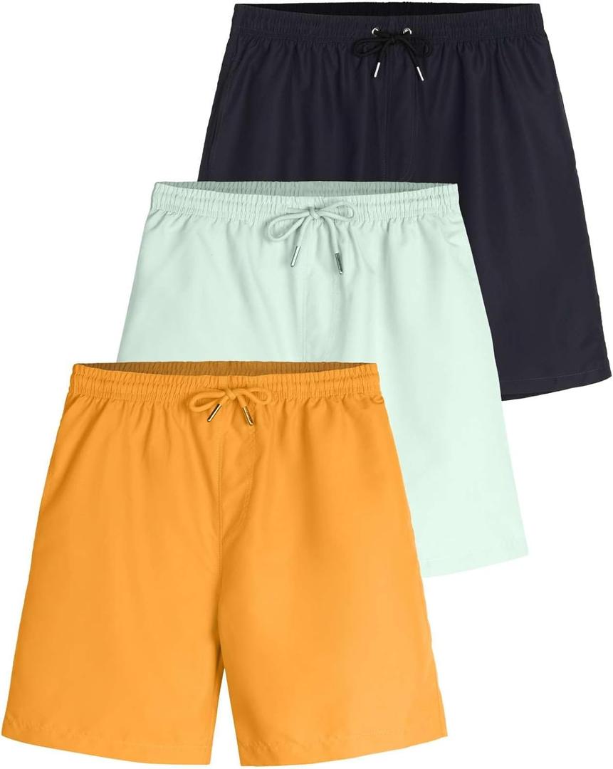 Real Essentials 3-Pack: Boy's Swim Board Shorts Trunks with Drawstring Beach UPF Swimwear Surf Swimming Short for Boys (Large)