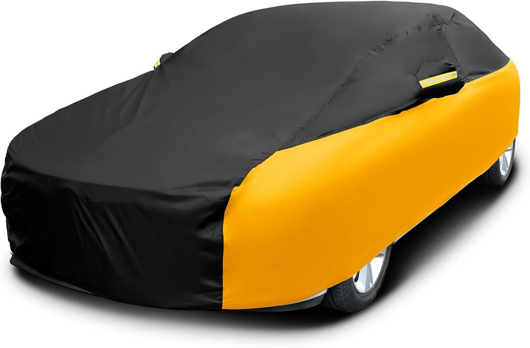 Riakrum Full Car Cover Waterproof All Weather for Automobiles Windproof Cover Rain UV Protection Sun Scratch Resistant Outdoor Universal(Fit XL SUV Length (191-205''),Black, Orange)