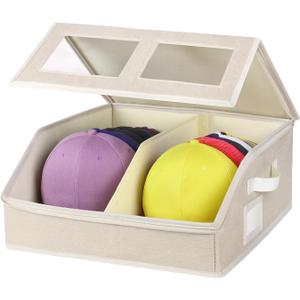 RZMAYIS Hat Storage for Baseball Caps-Holds Up to 24 Caps, Hat Organizer for Closet Stackable Hat Box with Cardboard, Dustproof Baseball Cap Organizer with 2 Handles for Home Travel (Beige, 1 Pack)