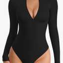 MANGOPOP Long Sleeve Body Suit Mock Turtle Neck Zip Up Bodysuit for Women Ribbed Deep V Sexy Bodysuit Shirts, XXL