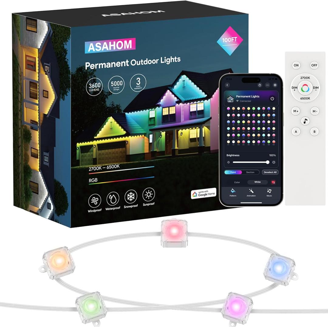 ASAHOM Permanent Outdoor Lights for House, 100ft with 60 RGBCW LED Smart Eave Lights, 60lm White, 100 Scenes Modes, IP67 Waterproof, 10 Music Modes for Holiday Party Decorations Daily Lighting, White