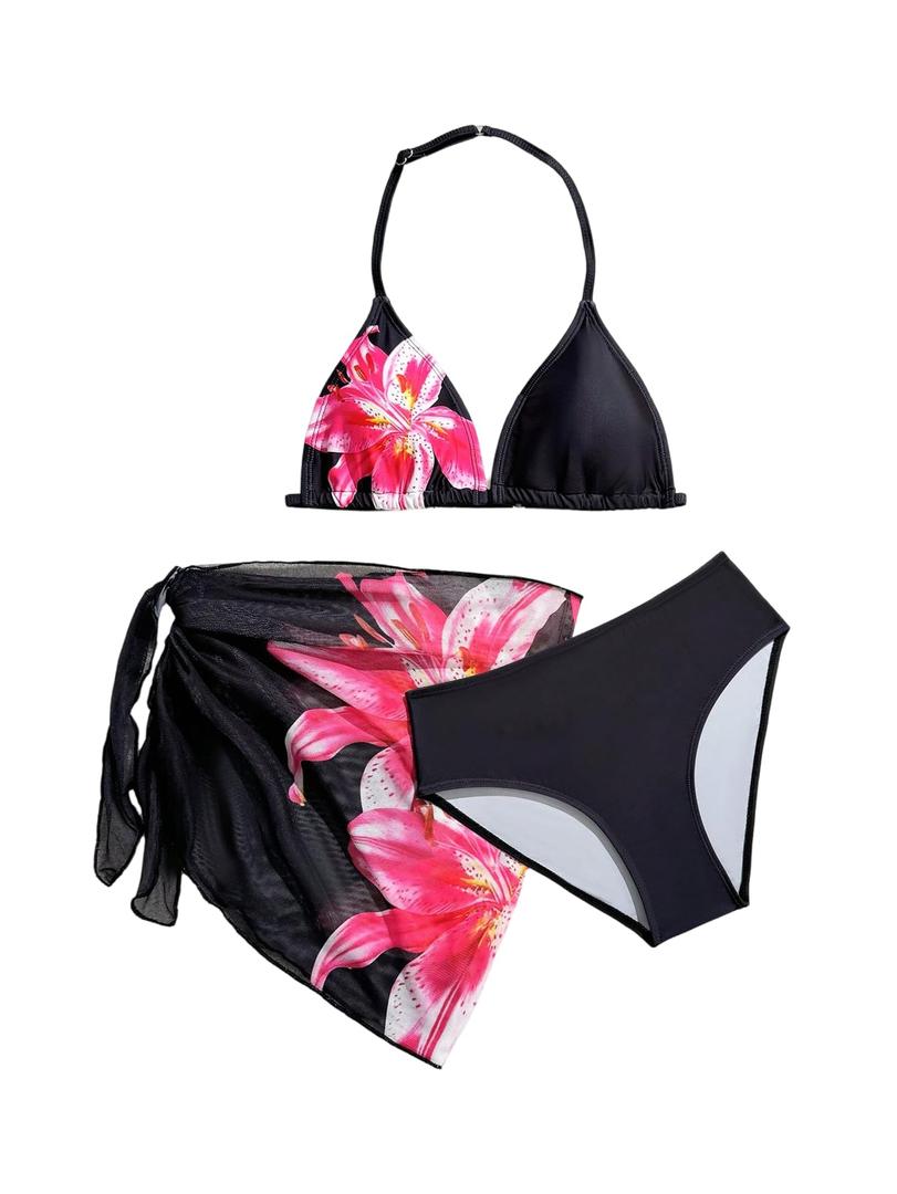 RoseSeek Girl's 3 Piece Floral Swimsuit Halter Triangle Bikini with Skirt