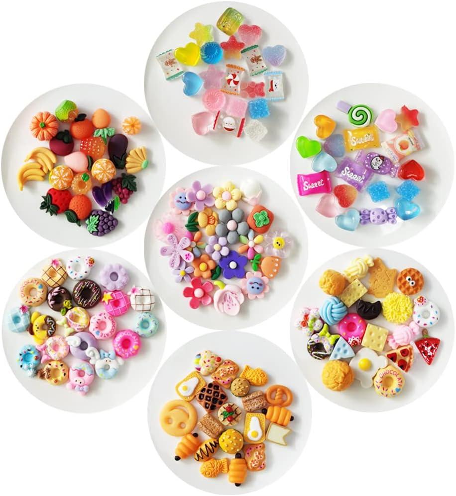 140 pcs Assorted Slime Charms, BOSOIRSOU Cute Candy Sweet Fruits Donut Charms Ornaments Flatback Resin Cabochons for Craft Making Ornament Scrapbooking DIY Crafts Beads Making Supplies