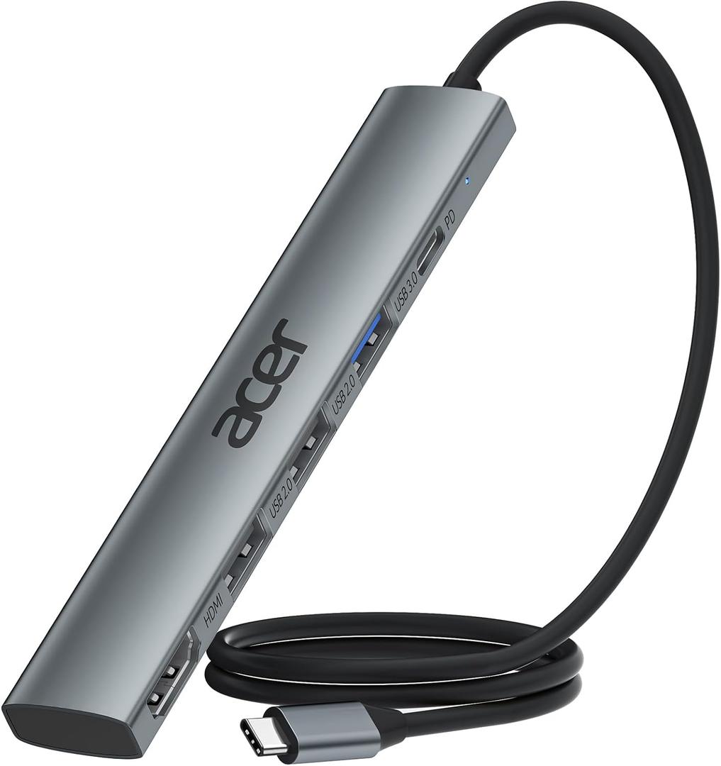 Acer USB C Hub 5 in 1 with 4K HDMI, 100W Power Delivery, 3 USB A Data Ports, USB C to HDMI Multiport Adapter for Laptop, PC, Tablet, MacBook Pro/Air, iPad Air/Pro, iMac, iPhone 15/16 Pro/Pro Max (2ft)
