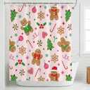 Frienda Pink Christmas Shower Curtain Set 71x72 Inch Cute Gingerbread Man Candy Cane Xmas Tree Snowflake Bathroom Shower Curtain with Hooks Winter Waterproof Merry Christmas Fabric Bath Decorations