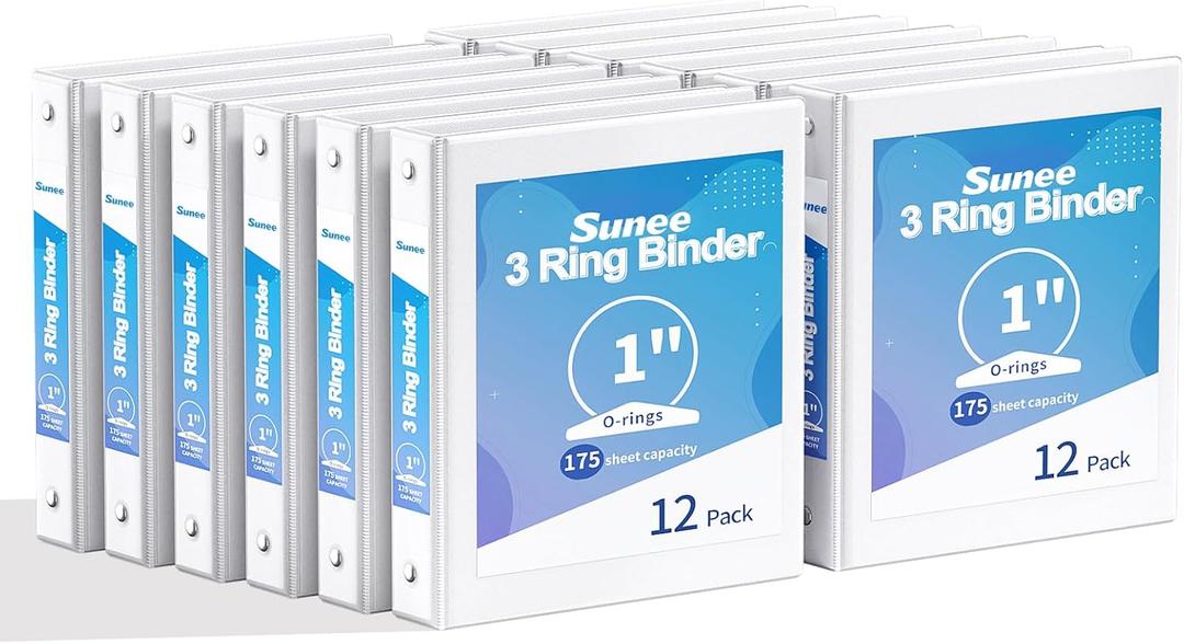 SUNEE 3 Ring Binders 1 Inch 12 Pack, Clear View Binders Bulk Three Ring PVC-Free (Fit 8.5x11 Inches) for School or Office Business Supplies, White