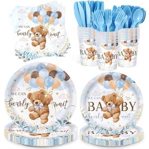 168pcs We Can Bearly Wait Bear Plates Napkins Party Supplies Disposable Cups Paper Tableware Set Baby Shower Decorations for Boy Gender Reveal Serve 24 Guests