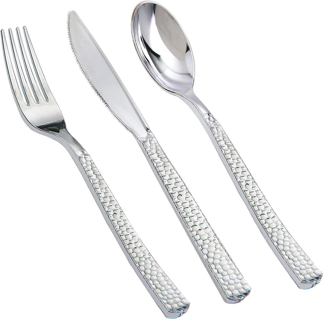 Supernal 180Pcs Silver Plastic Silverware Set, Elegant Hammered Design Heavy Duty Disposable Cutlery, Includes 60 Forks, 60 Knives, 60 Spoons,Silver Plastic Utensils for Wedding, Parties,Events