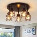 5-Lights Kitchen Light Fixtures Ceiling Mount, Adjustable Multi-Directional Black Flush Mount Ceiling Light, Retro Metal Cage Farmhouse Close to Ceiling Light Fixture for Hallway Dining Room Entryway