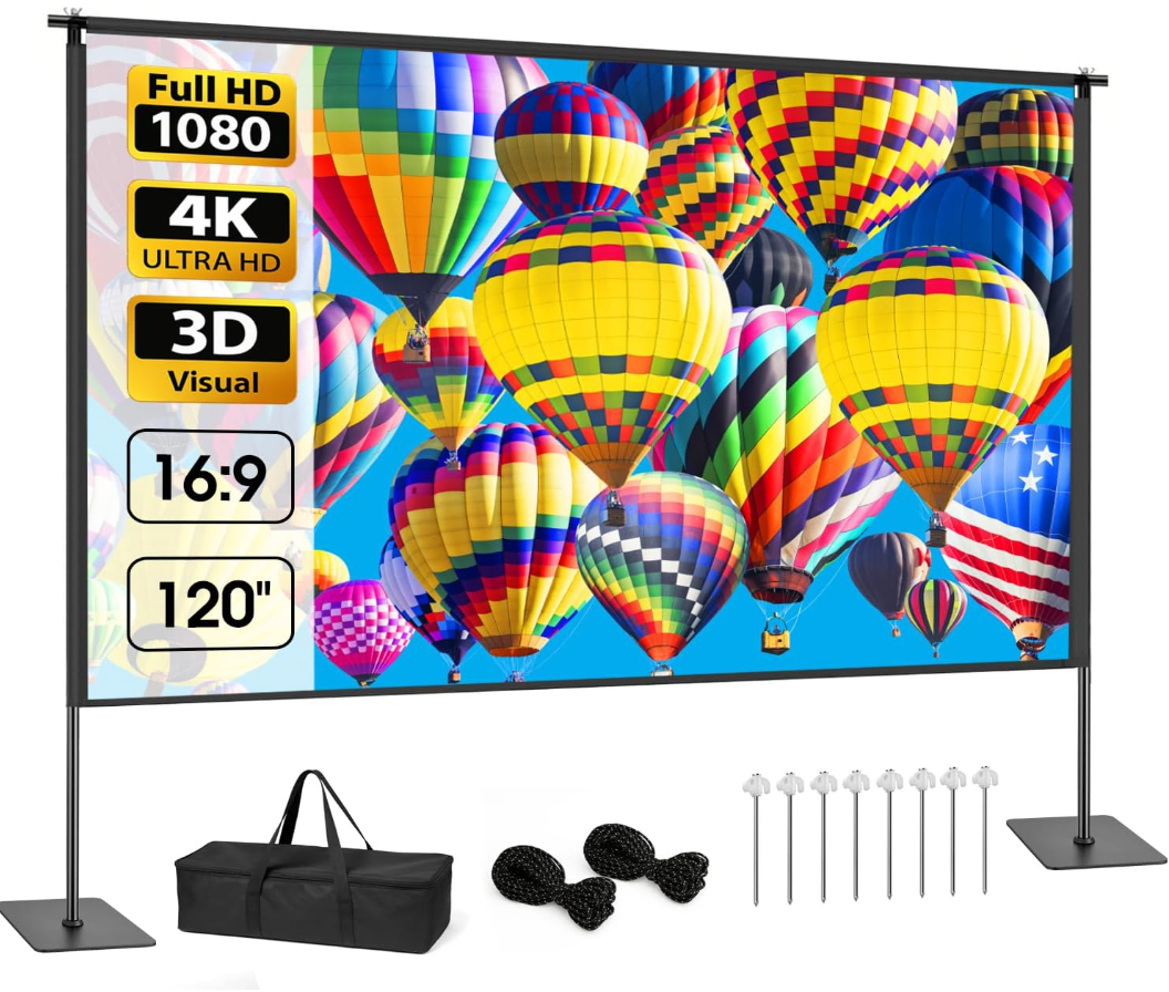 Outdoor Projector Screen with Stand, 120 inch Portable Projection kit 16:9 4K HD WrinkleFree Indoor Outdoor Movie Screen with Carry Bag for Home Theater and Backyard Movie Night