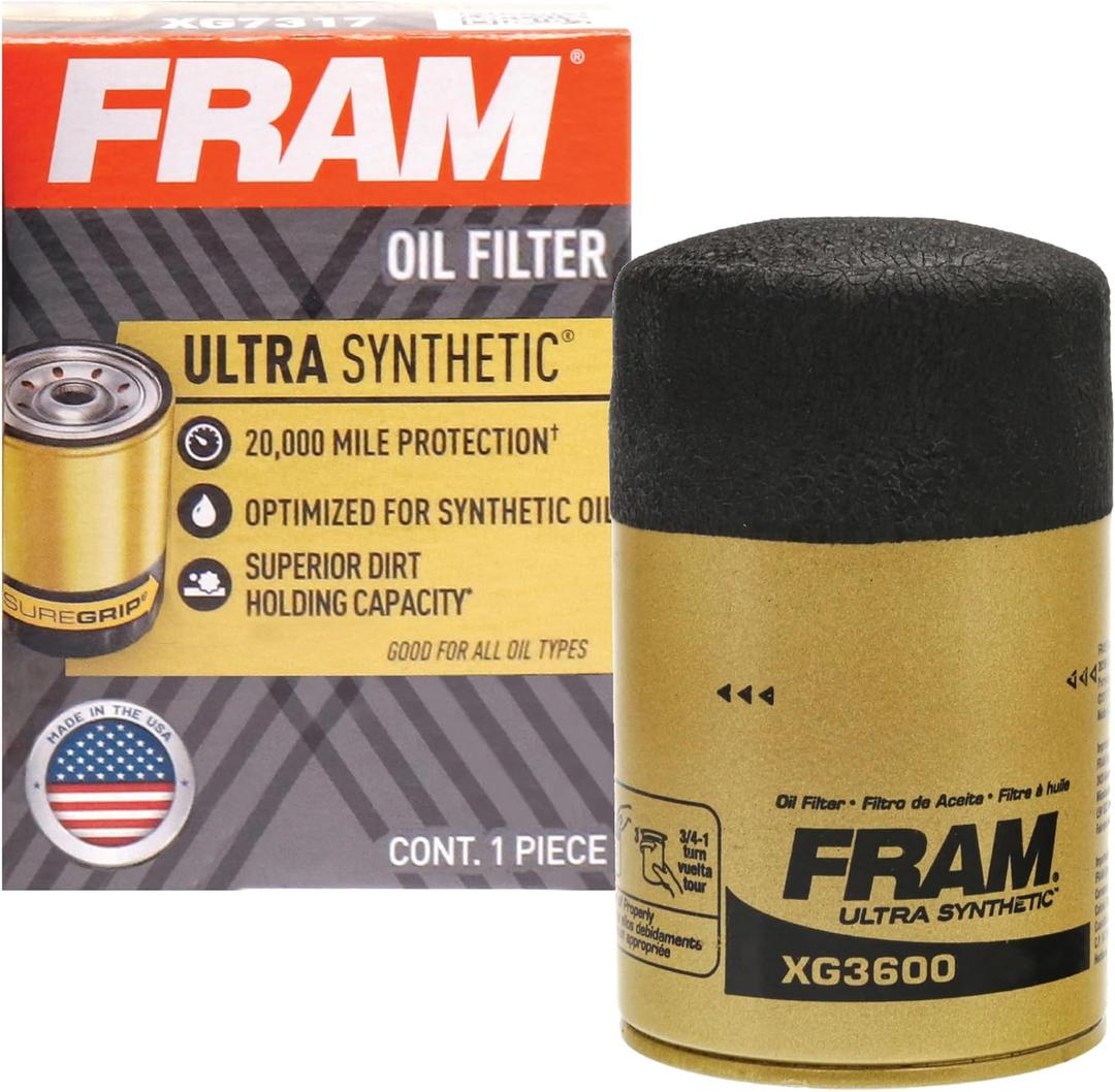 FRAM Ultra Synthetic XG3600 20K Mile Change Automotive Replacement Engine Oil Filter for Synthetic Oil Changes, Premium Vehicle Engine Protection Oil Filter for Select Vehicle Model Years (One Size)