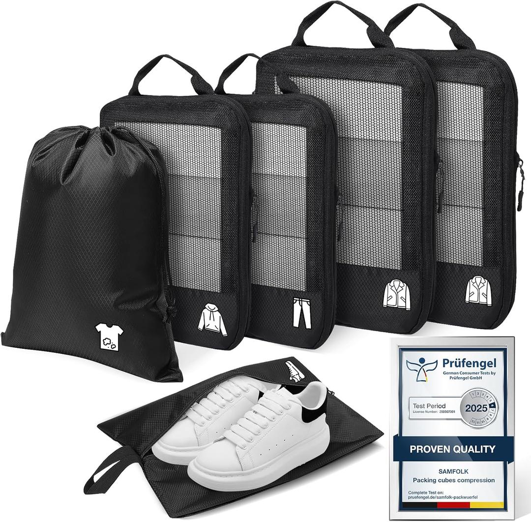 Samfolk Compression Packing Cubes for Travel, Lightweight Bags Cruise Must Haves for Luggage Carry On Suitcase and Clothes Organizer, Durable Vacation Essentials and Accessories Gifts (Black-6 Set)