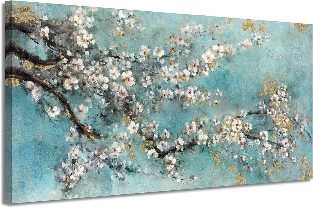 Abstract Flower Picture Wall Art: Dogwood Painting Hand Painted Artwork on Canvas for Living Room (40''W x 20''H,Multi-Sized)