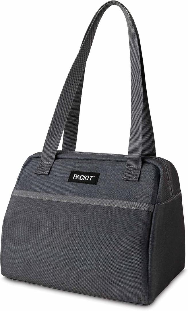 PackIt Freezable Hampton Lunch Bag, City Charcoal, Built with ECOFREEZE Technology, Collapsible, Reusable, Zip Closure with Front Pocket and Shoulder Straps, Designed for Fresh Office Lunches (Medium)