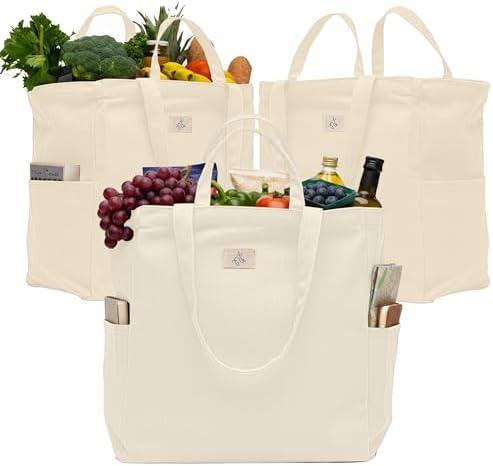 3-Pack Reusable Grocery Bags - Heavy Duty, Large 12 Oz Cotton Canvas Reusable Shopping Bags With Pockets, 100% Cotton Cloth Grocery Totes, Foldable Multi Compartment (Cream)