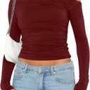 Darong Women's Casual Boat Neck Off Shoulder Long Sleeve Slim Fit Crop Top Going Out Shirts Y2K Tight T Shirts 9026, Wine Red XL