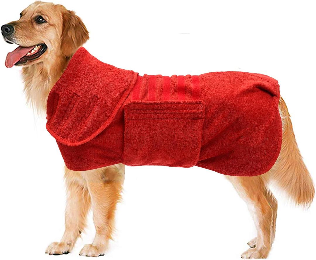 Geyecete Dog Drying Coat - Fast Drying Bathrobe Towel - Microfibre Super Absorbent Pet Cat Bath Robe - Red - M