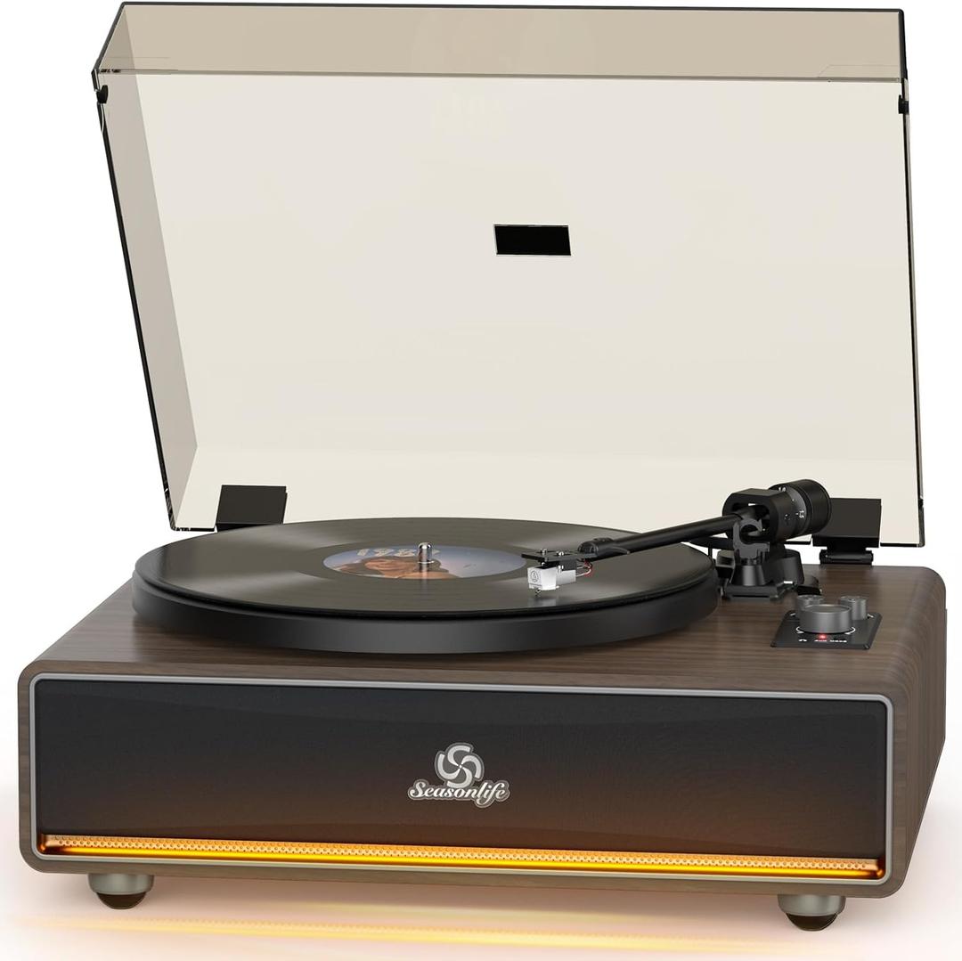 Vinyl Record Player Built in HiFi Stereo Speakers BT Wireless Input Belt Drive Iron Platter Turntables for Vinyls Records with MM Audio AT-3600L Cartridge Soft Warm Light Design Wooden Cream Walnut