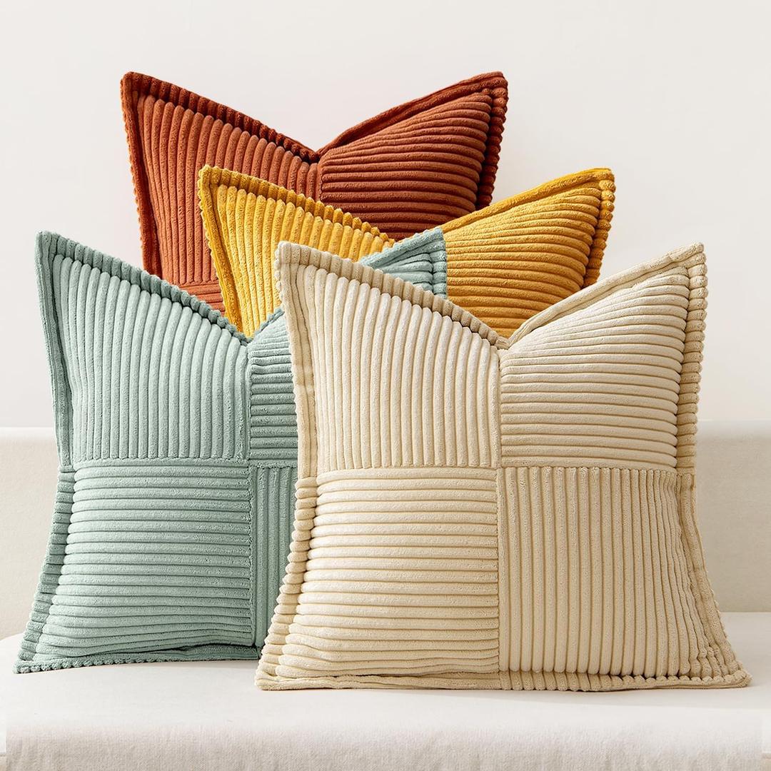 MIULEE Fall Teal-Orange Decorative Throw Pillow Covers 18x18 Inch 4 Packs Soft Boho Farmhouse Pillow Cases Modern Corduroy Patchwork Cushion Covers for Couch Sofa Bed with Flange Edge Home Decor