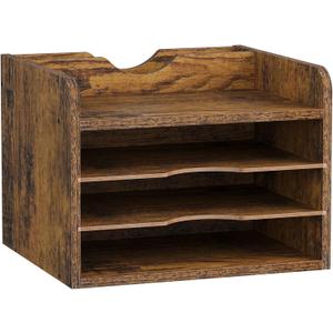 Snughome Vintage Wood File Organizer Desktop, 13.4 Document Letter Mail Tray Sorter with 3 Adjustable Shelves, Wooden Desktop Paper File Sorter Holder (Rustic Brown, 13.78L x 11.81W x 11.02H)