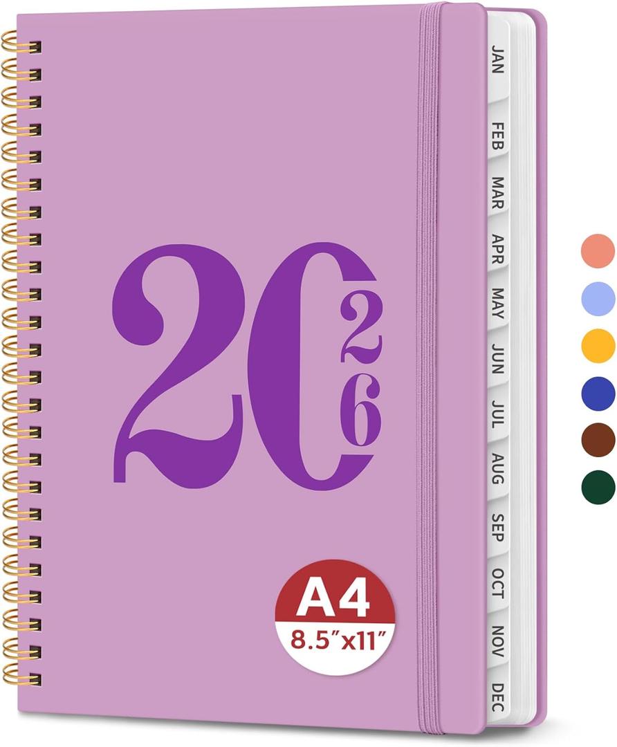 2026 Planner, Weekly and Monthly Calender Planner, Jan 2026 to Dec 2026, Hardcover 2026 Calendar Book with Tabs & Inner Pocket, Office Home School Supplies for Women & Men - A4 (8.5" x 11"), Boho Purple