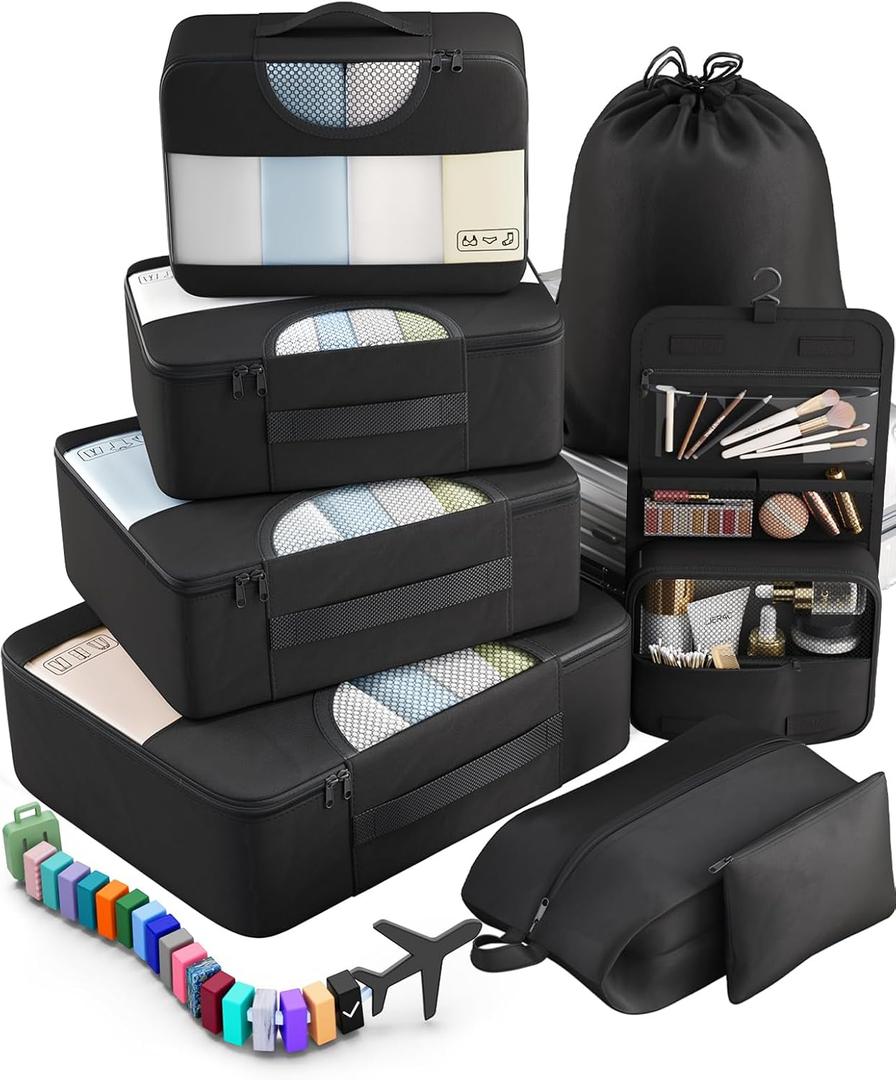 Veken 8 Set Packing Cubes for Travel Essentials, Suitcase Organizer Bags in 4 Sizes, Carry-On Luggage Accessories with Large Laundry & Toiletry Bag, Must-Have for Airplane, Road Trip & Camping (Black)