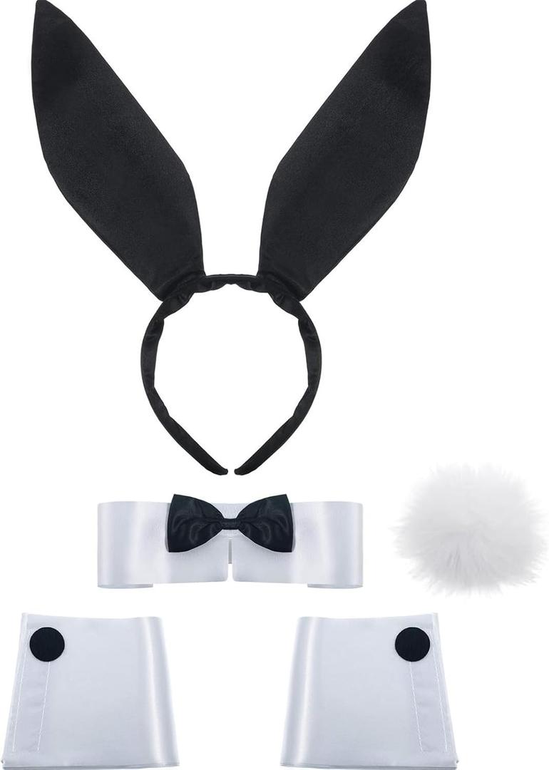SATINIOR Bunny Costume Set Rabbit Ear Headband Collar Bow Tie Costume Cuffs Rabbit Tail for Halloween Party (Black)