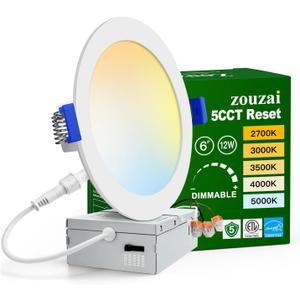 zouzai 1 Pack 6 Inch 5CCT Ultra-Thin LED Recessed Ceiling Light with Junction Box, 2700K/3000K/3500K/4000K/5000K Selectable, 12W Eqv 110W,Dimmable, led can Lights- ETL and Energy Star Certified