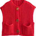 Wyeysyt Sweater Vest Women Sleeveless Crop Knit Cardigan Casual Button Down Cropped Knitted Sweater Vest with Pockets (Medium, Red)