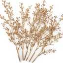 Artificial Golden Berry Stem Decorations, Fake Bead Sticks Picks Plastic Plants for Home Party Christmas Berries Stems Tree Ornaments Wreath Crafts DIY Gift Wedding Bouquet Xmas Decor Gold 6 Pcs