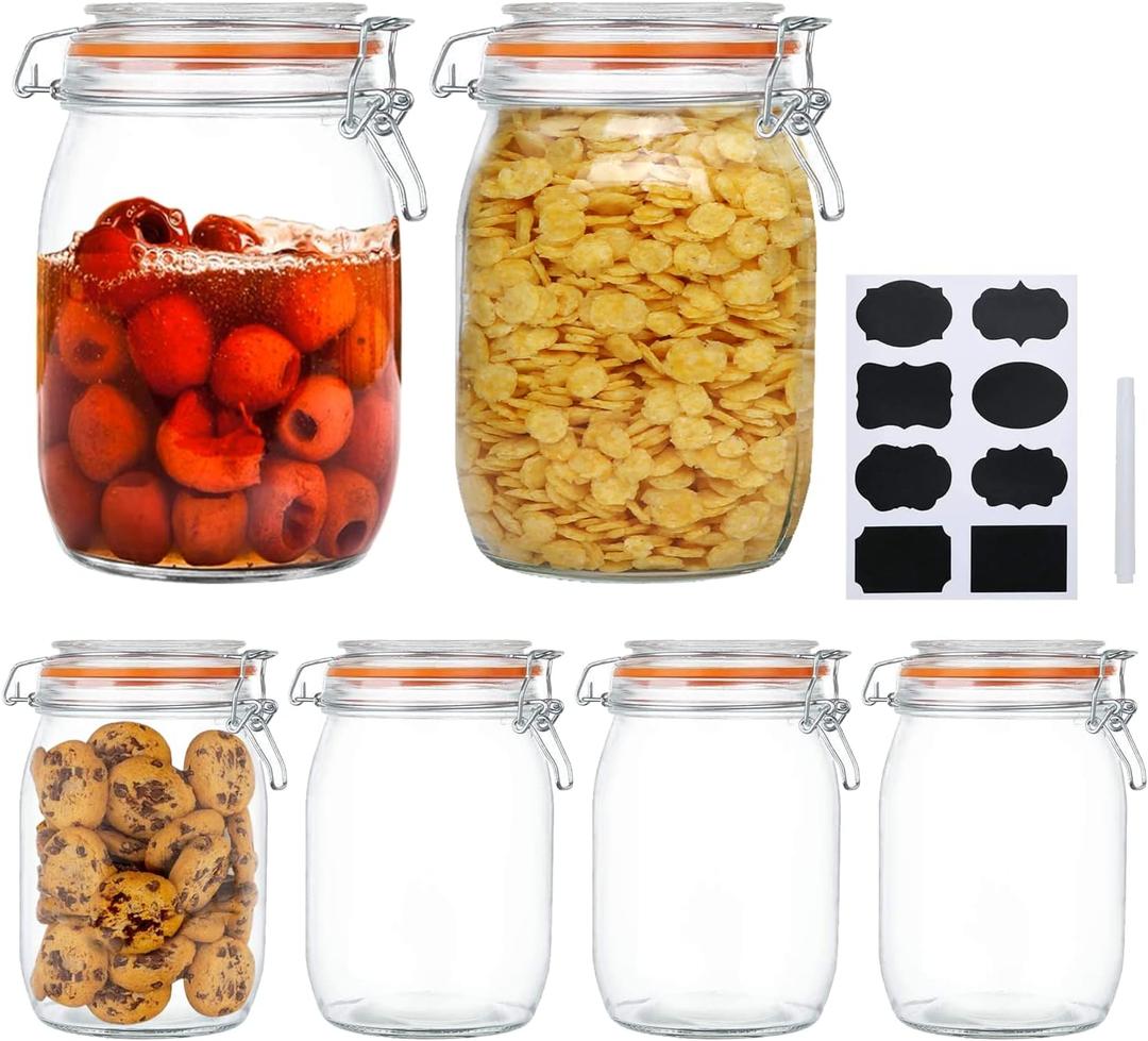 Encheng Glass Jars 32oz,Airtight Glass Food Storage Jar with Clamp Lid,1000ml Rounded Airtight Canister with Leak Proof Rubber Gasket, Clear Glass Kitchen Jars for Dry Food, Cereal, Beans, 6 Pack
