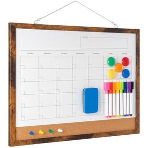 Dry Erase Calendar Whiteboard, 17" x 13" Magnetic Whiteboard Cork Board Combo, Reusable Monthly Planner with 8 Markers, Eraser, Magnets and Pushpins, Hanging Dry Erase Board for Home, School - Brown
