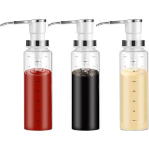MEUJAWQR Coffee Syrup Dispenser, Sauce Pump Dispenser, 17 oz Glass Bottle with Stainless Steel Pumps, Leak-Proof, Food Grade Pumps for Honey, Syrups, Oil, Condiments, Salad Dressings and More (3)