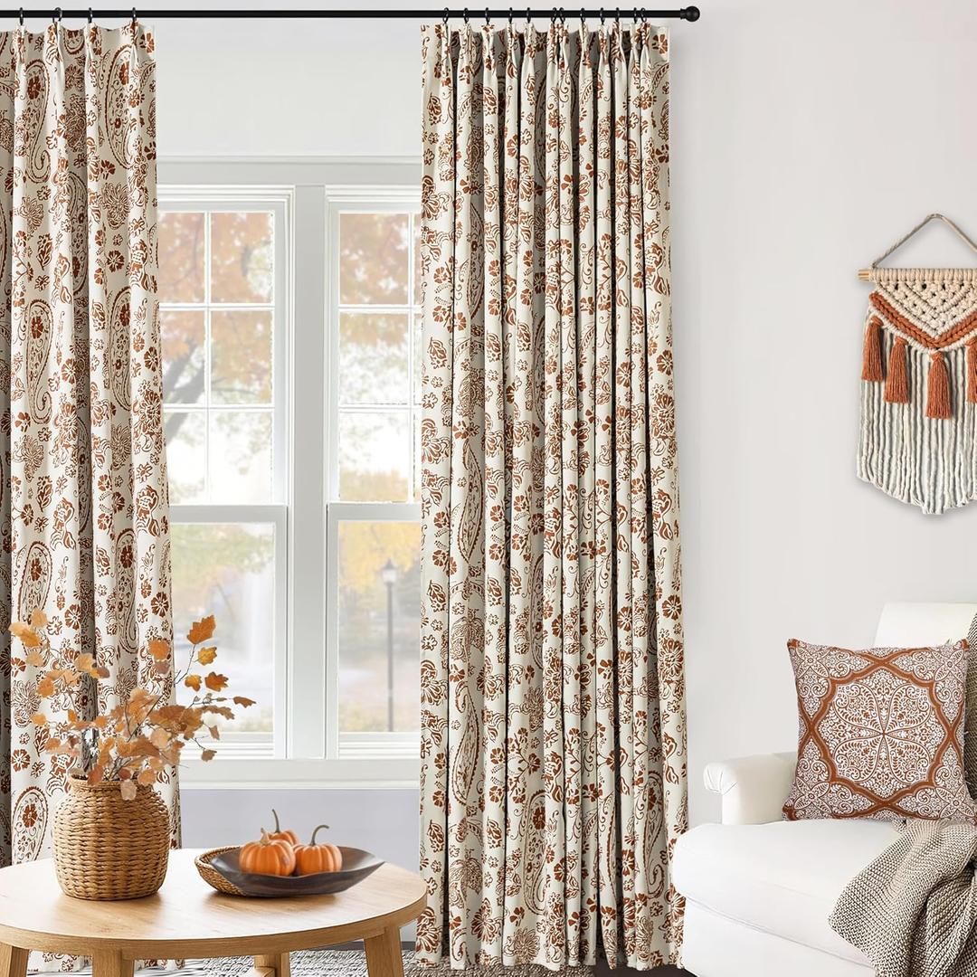 Vintage Floral Terracotta Boho Blackout Curtains 2 Panels, Retro Printed Block Print Indian Eclectic Autumn Western Curtains for Bedroom Living Room 96 Inch Long