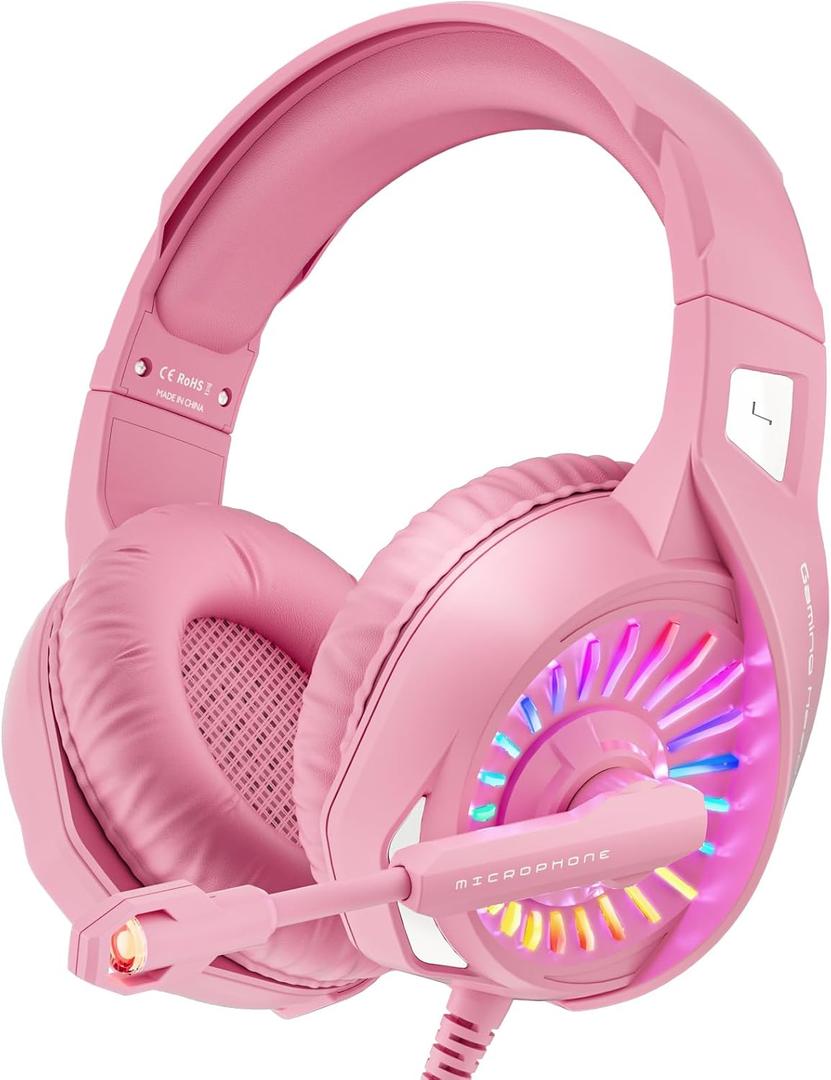 ZIUMIER Z20 Pink Gaming Headset with Microphone, Compatible with PS4 PS5 Xbox One PC Laptop, Over-Ear Headphones with LED RGB Light, Noise Canceling Mic, Stereo Surround Sound (Pink)