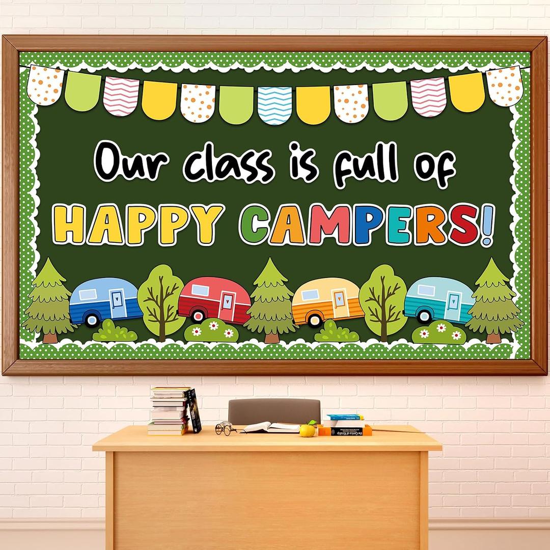 Justforjoyful Camping Bulletin Board Decoration Set Summer Camping Tents Cut Outs Happy Camper Trim Border Vintage Trailer Classroom Decor for Woodland Party School Chalkboard Wall Nursery Decor, 35.43 x 59.06 inches