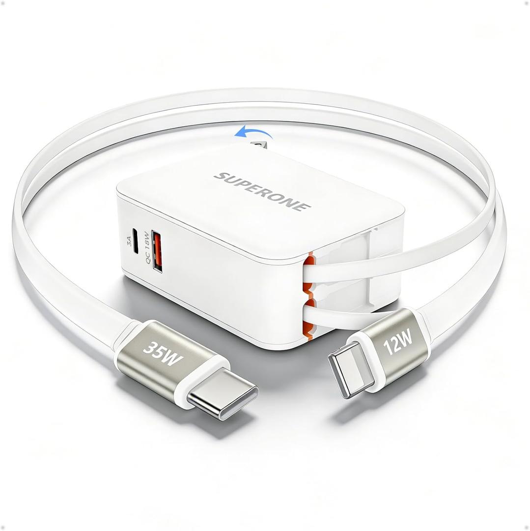 SUPERONE 4-in-1 Retractable Wall Charger, 35W PD Fast Charger with 3.3ft Cable (Longest on Market), GaN6 USB-C Plug Block for iPhone 17/16/15 Samsung Galaxy iPad Pixel (Base Model (Type-C & Apple Cables))