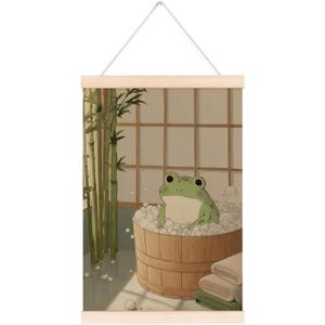 laveliabel Funny Frog Bathroom Poster Hanger Frame, Frog in Bathtub Banner Poster with Wood Hanger, Cute Whimsical Animal Botanical Aesthetic Wall Art Decor for Toilet Washroom Restroom, 12x16in