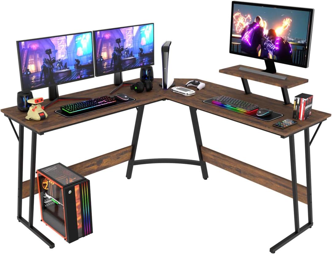 PayLessHere L Shaped Desk Corner Gaming Desk Computer Desk with Large Desktop Studying and Working and Gaming for Home and Work Place,Brown
