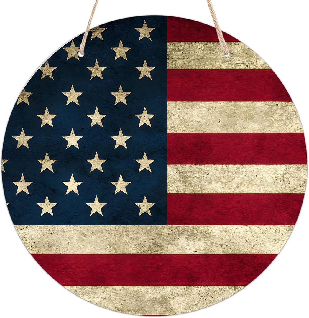 Rustic American Flag Round Wooden Hanging Sign for Home Office Wall Art Decor Door Hanger Gift 88 Inches