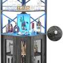 Aheaplus Corner Bar Cabinet with Power Outlet, Industrial Wine Cabinet with LED Strip and Glass Holder, 5-Tiers Liquor Cabinet Bar Unit for Home, Corner Display Cabinet for Small Space, Grey Oak
