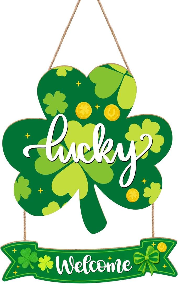 St.PatrickS Day Decorations Indoor Outdoor,Wooden Hanging Wall Welcome Sign,Party Favors Housewarming Gift For Irish Holiday(Shamrock with Coin) (Green)